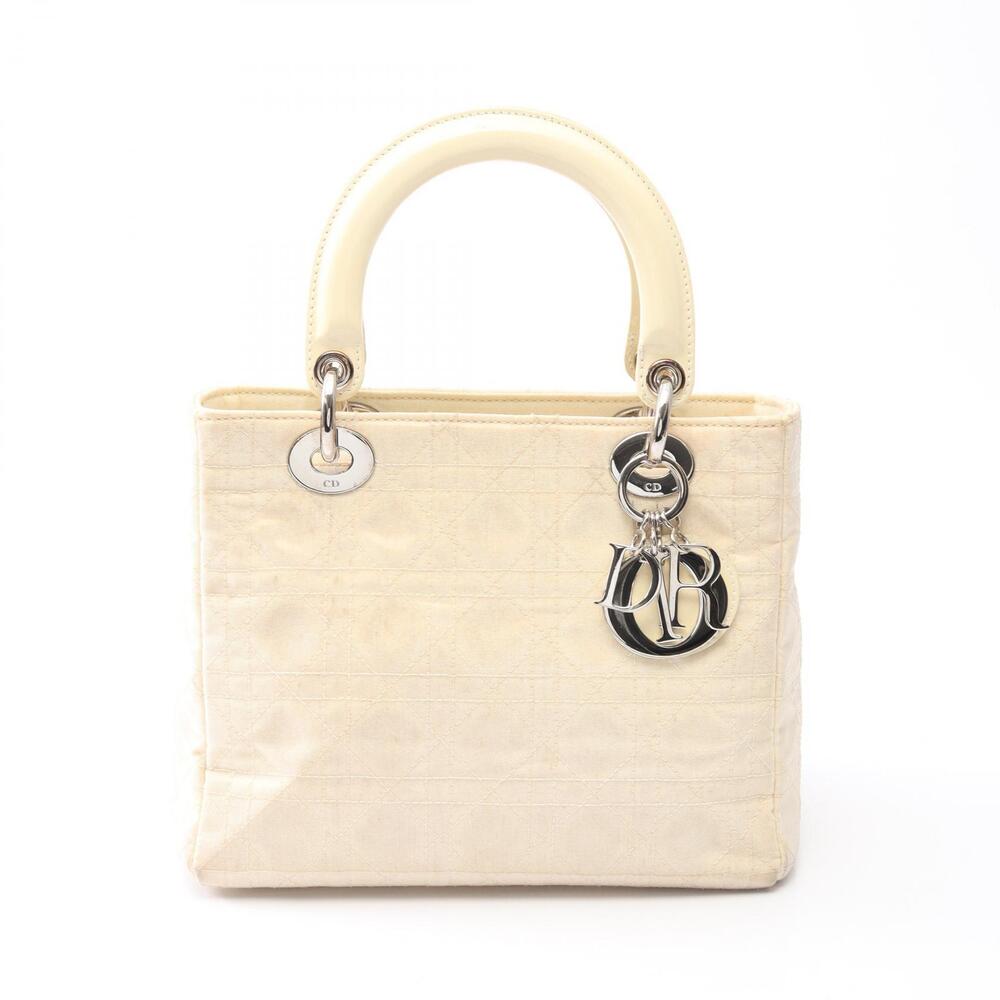 Christian Dior Lady Cannage Handbag Leather Canvas Ivory White